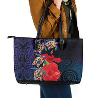 Pasifika Festival Leather Tote Bag Plumeria Turtles with Hibiscus - Polynesian Art Tattoo Dark Navy Color LT03 - Polynesian Pride