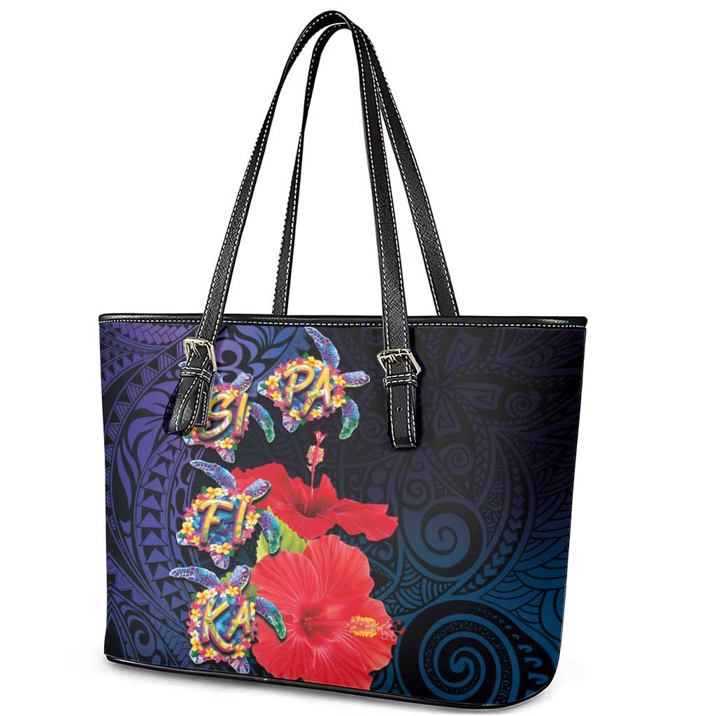 Pasifika Festival Leather Tote Bag Plumeria Turtles with Hibiscus - Polynesian Art Tattoo Dark Navy Color LT03 - Polynesian Pride