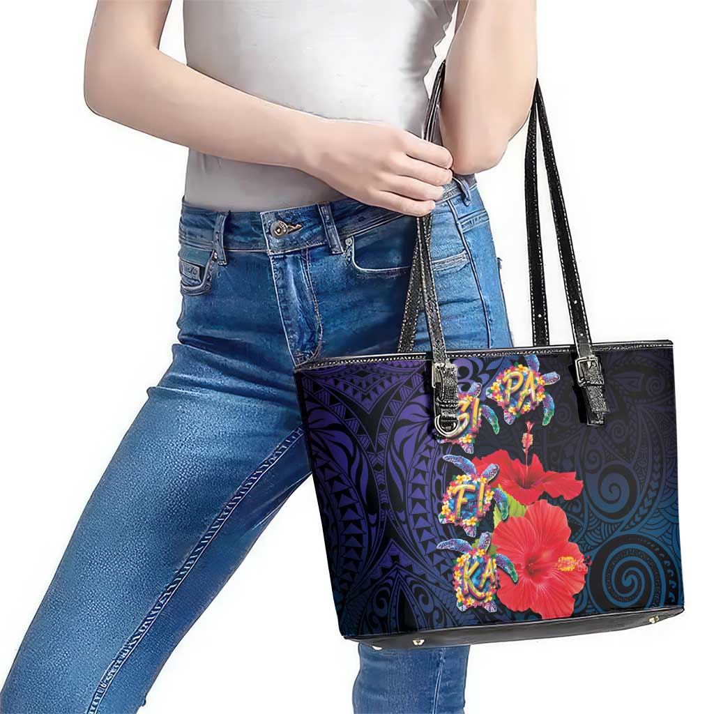 Pasifika Festival Leather Tote Bag Plumeria Turtles with Hibiscus - Polynesian Art Tattoo Dark Navy Color LT03 - Polynesian Pride