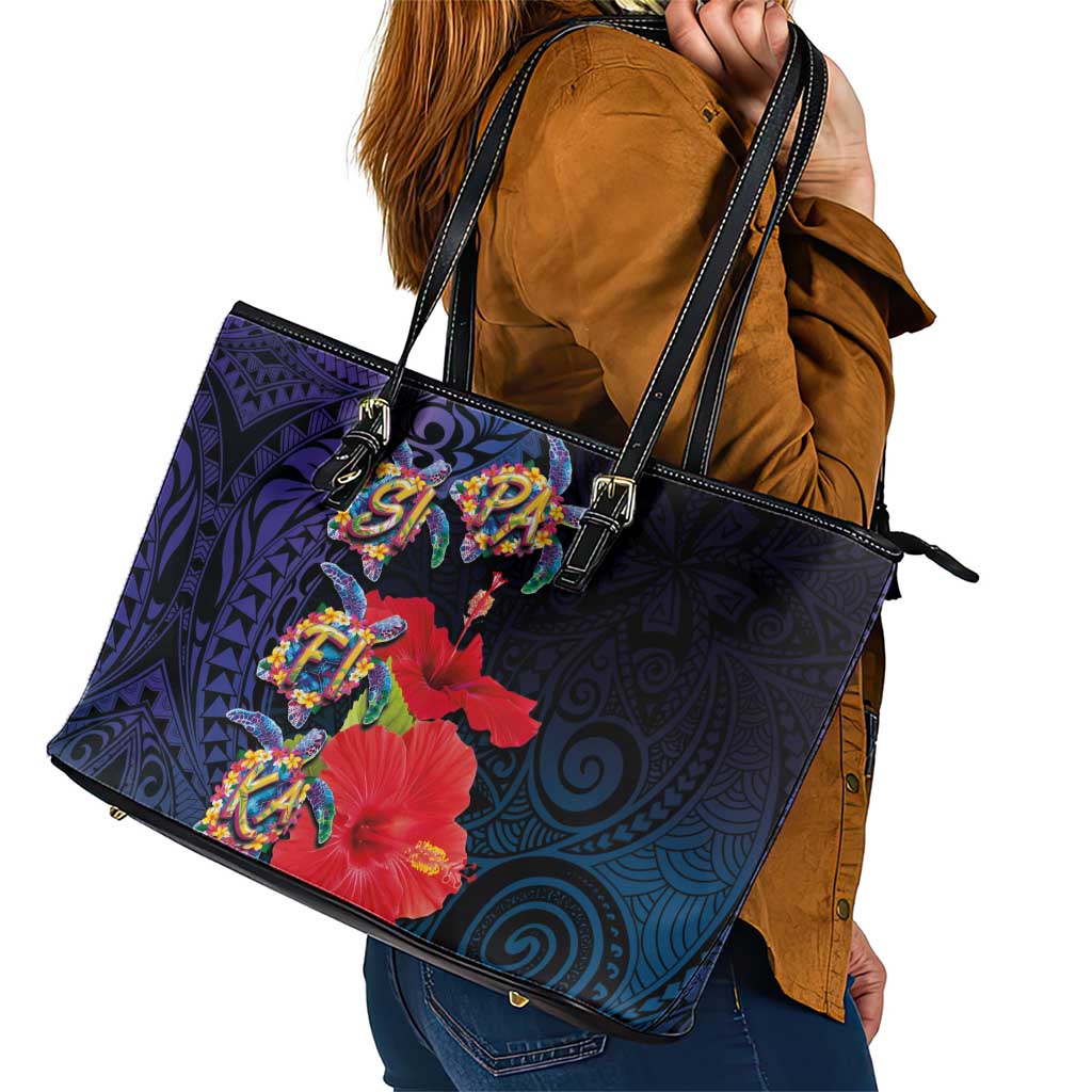 Pasifika Festival Leather Tote Bag Plumeria Turtles with Hibiscus - Polynesian Art Tattoo Dark Navy Color LT03 - Polynesian Pride