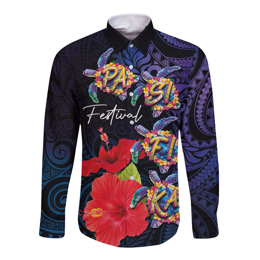 Pasifika Festival Long Sleeve Button Shirt Plumeria Turtles with Hibiscus - Polynesian Art Tattoo Dark Navy Color LT03 Unisex Dark Navy - Polynesian Pride