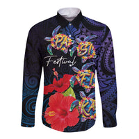 Pasifika Festival Long Sleeve Button Shirt Plumeria Turtles with Hibiscus - Polynesian Art Tattoo Dark Navy Color LT03 Unisex Dark Navy - Polynesian Pride