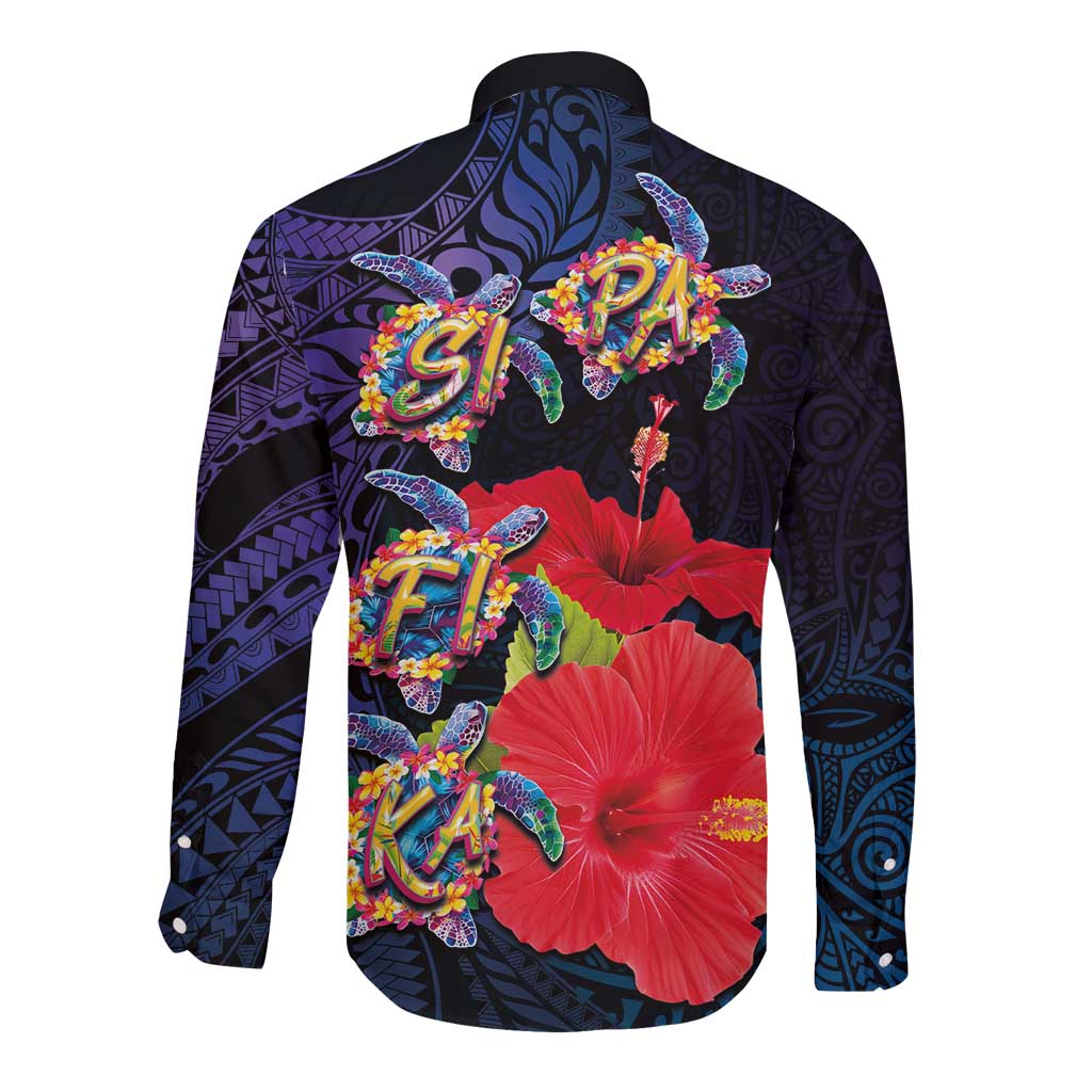 Pasifika Festival Long Sleeve Button Shirt Plumeria Turtles with Hibiscus - Polynesian Art Tattoo Dark Navy Color LT03 - Polynesian Pride