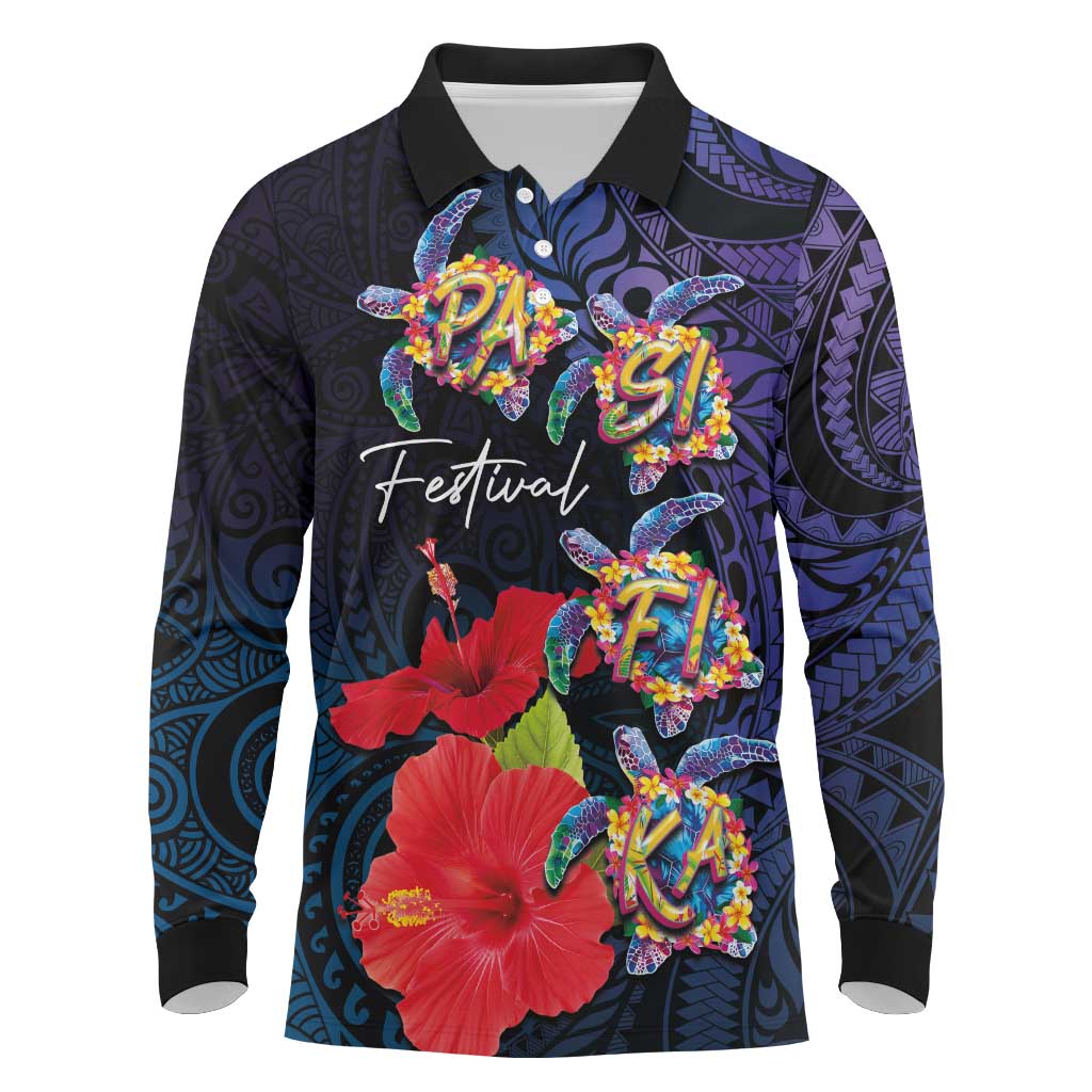 Pasifika Festival Long Sleeve Polo Shirt Plumeria Turtles with Hibiscus - Polynesian Art Tattoo Dark Navy Color LT03 Dark Navy - Polynesian Pride