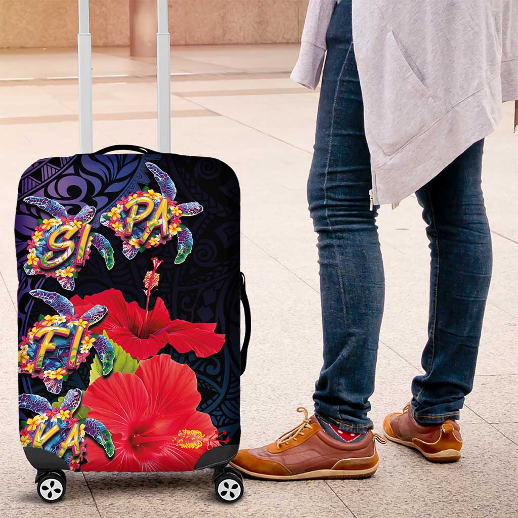 Pasifika Festival Luggage Cover Plumeria Turtles with Hibiscus - Polynesian Art Tattoo Dark Navy Color LT03 Dark Navy - Polynesian Pride