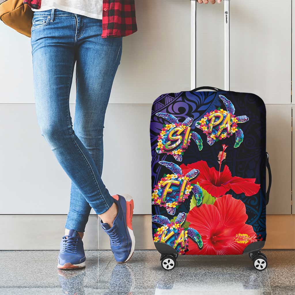 Pasifika Festival Luggage Cover Plumeria Turtles with Hibiscus - Polynesian Art Tattoo Dark Navy Color LT03 - Polynesian Pride
