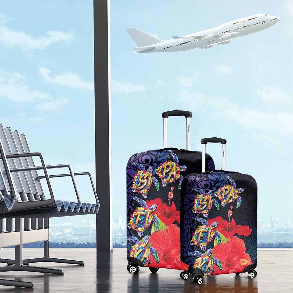 Pasifika Festival Luggage Cover Plumeria Turtles with Hibiscus - Polynesian Art Tattoo Dark Navy Color LT03 - Polynesian Pride