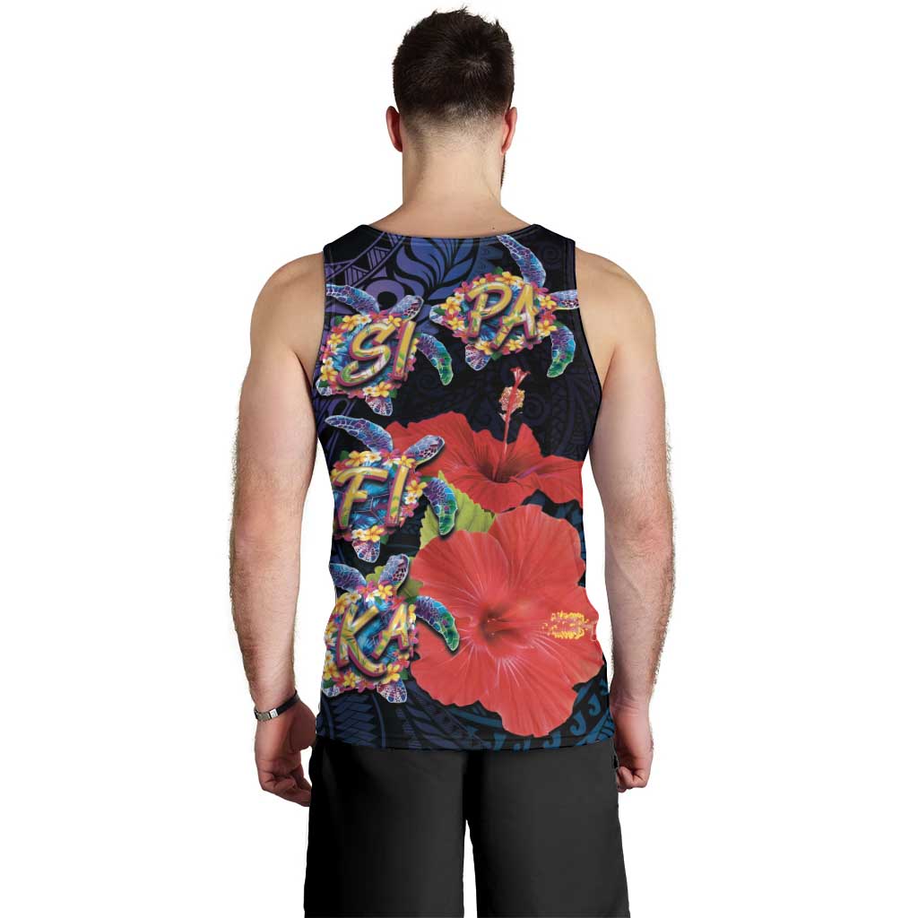 Pasifika Festival Men Tank Top Plumeria Turtles with Hibiscus - Polynesian Art Tattoo Dark Navy Color LT03 - Polynesian Pride