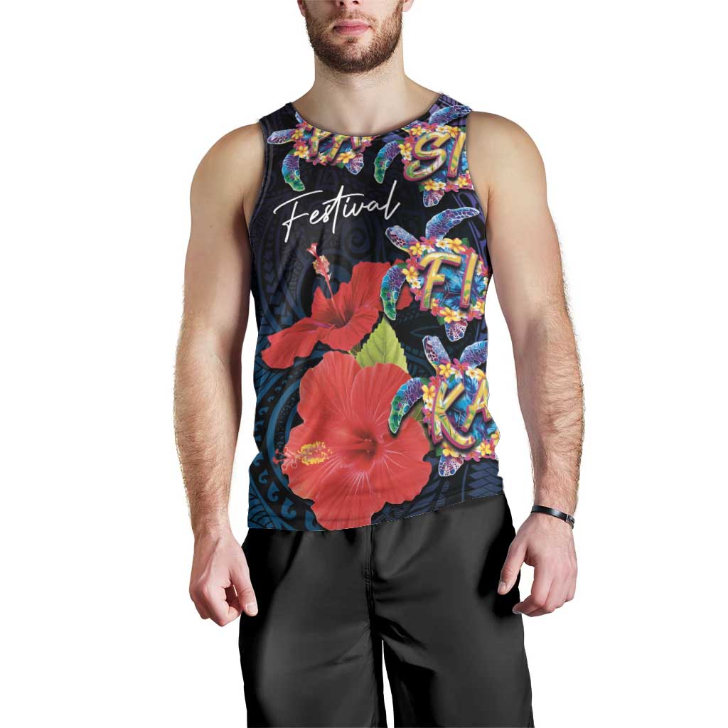 Pasifika Festival Men Tank Top Plumeria Turtles with Hibiscus - Polynesian Art Tattoo Dark Navy Color LT03 - Polynesian Pride