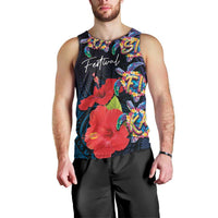 Pasifika Festival Men Tank Top Plumeria Turtles with Hibiscus - Polynesian Art Tattoo Dark Navy Color LT03 - Polynesian Pride