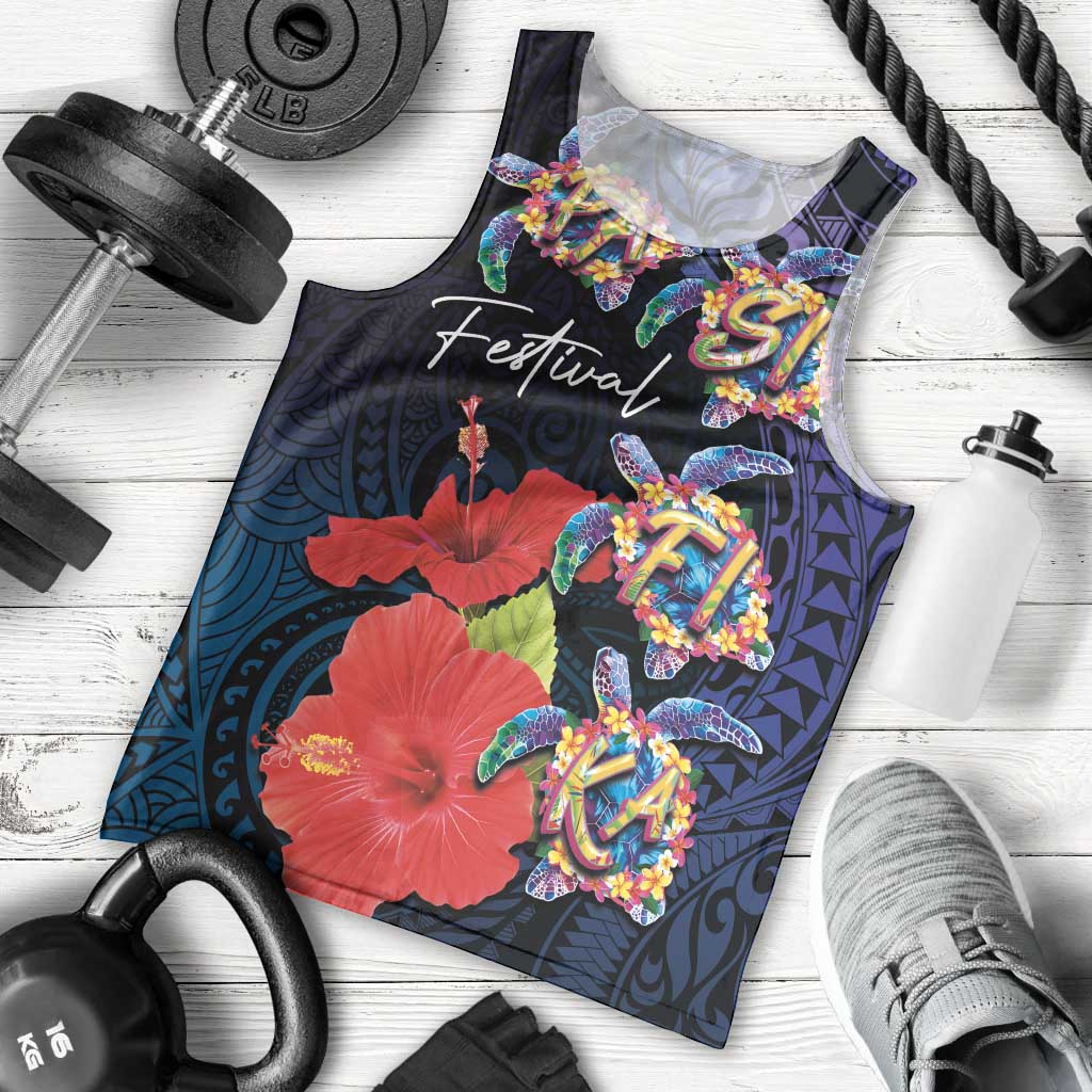 Pasifika Festival Men Tank Top Plumeria Turtles with Hibiscus - Polynesian Art Tattoo Dark Navy Color LT03 - Polynesian Pride