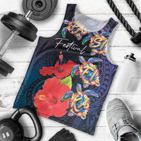 Pasifika Festival Men Tank Top Plumeria Turtles with Hibiscus - Polynesian Art Tattoo Dark Navy Color LT03 - Polynesian Pride