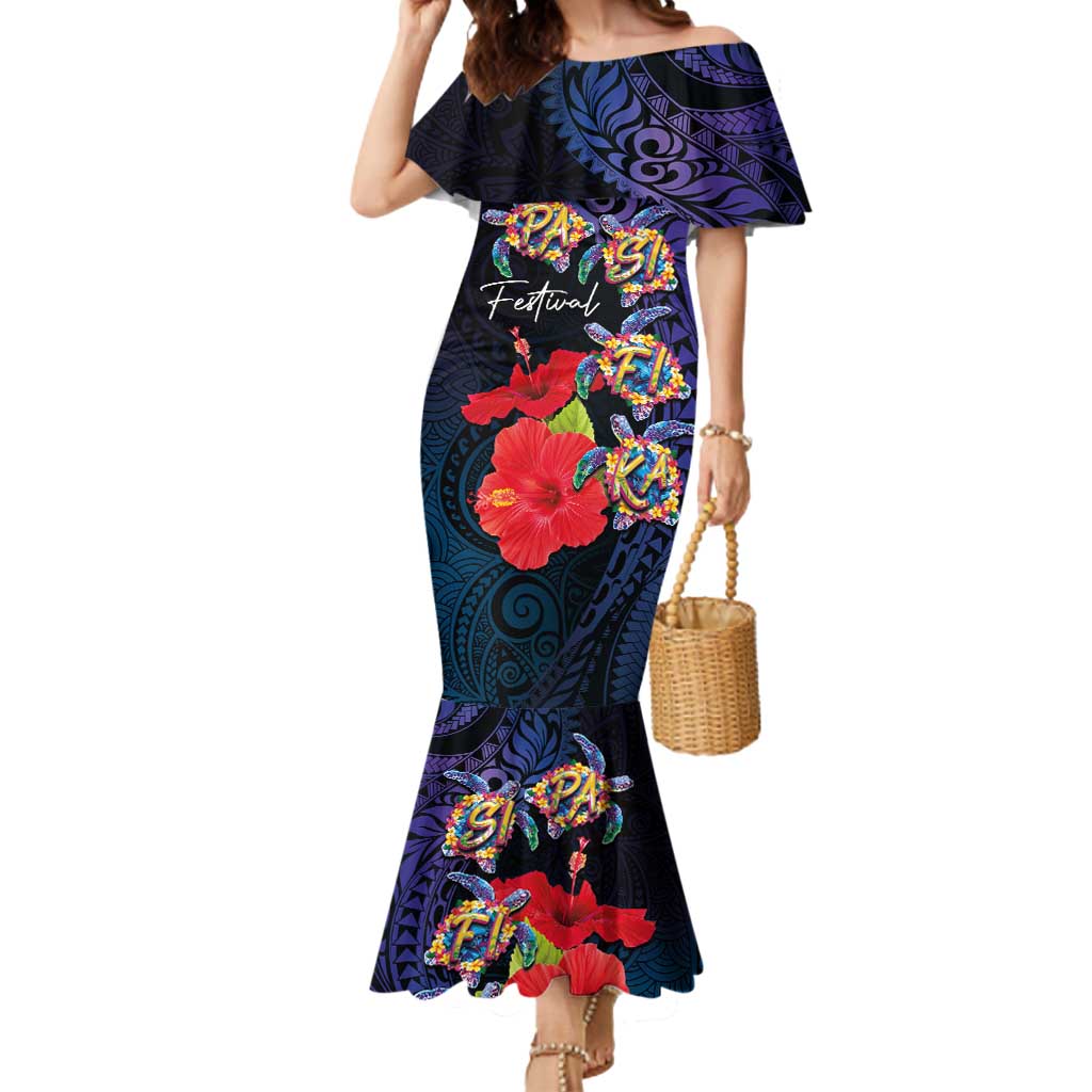 Pasifika Festival Mermaid Dress Plumeria Turtles with Hibiscus - Polynesian Art Tattoo Dark Navy Color LT03 Women Dark Navy - Polynesian Pride