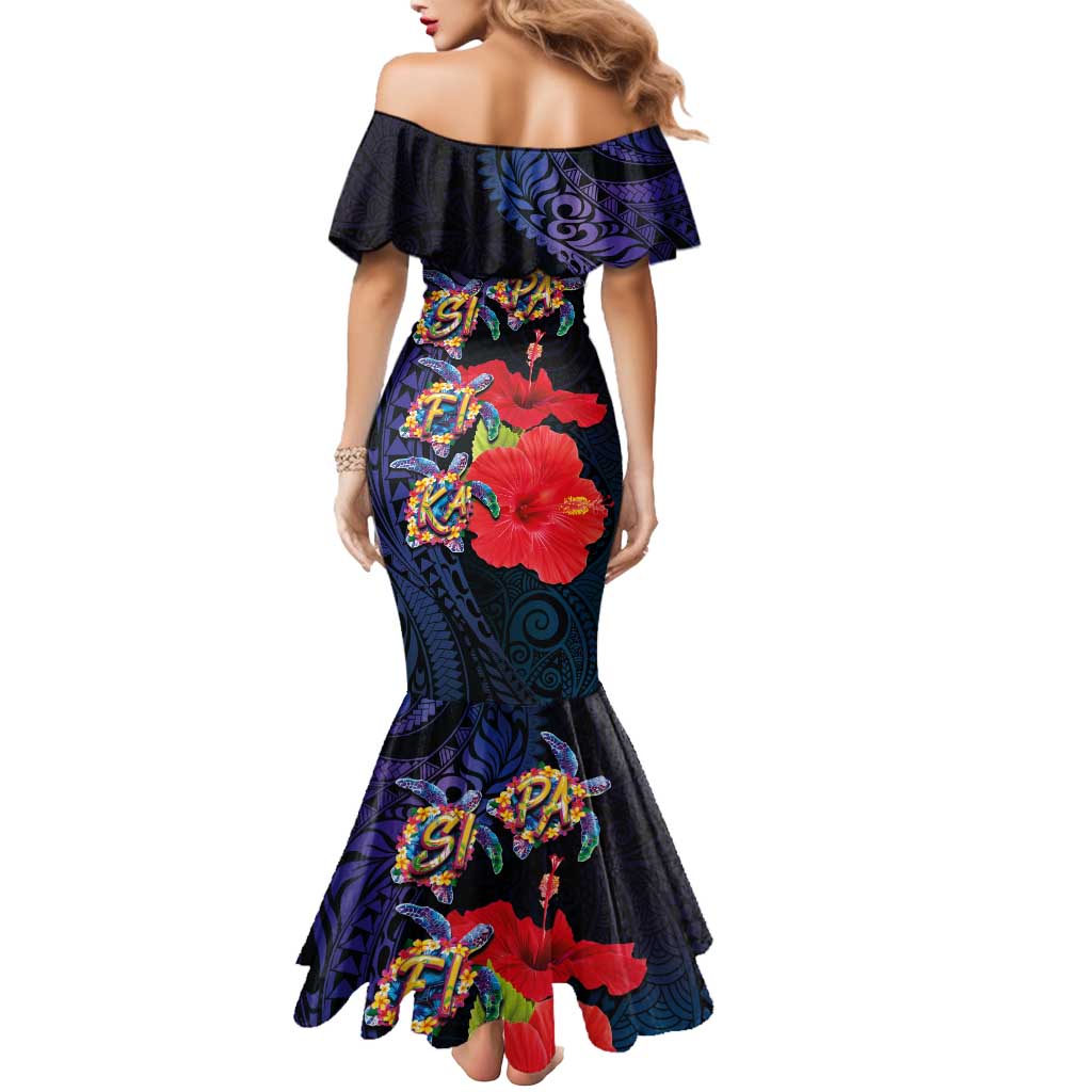 Pasifika Festival Mermaid Dress Plumeria Turtles with Hibiscus - Polynesian Art Tattoo Dark Navy Color LT03 - Polynesian Pride