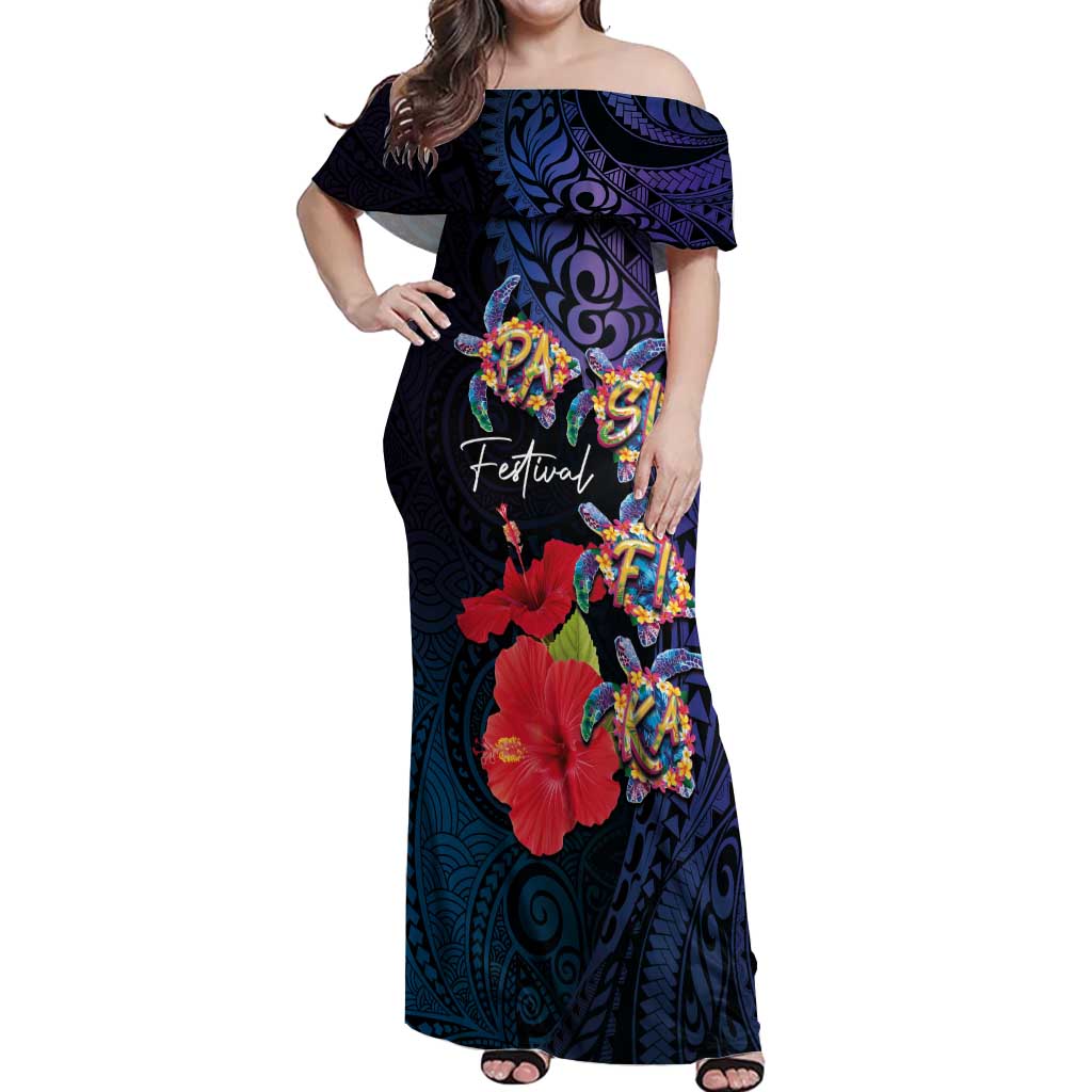 Pasifika Festival Off Shoulder Maxi Dress Plumeria Turtles with Hibiscus - Polynesian Art Tattoo Dark Navy Color LT03 Women Dark Navy - Polynesian Pride