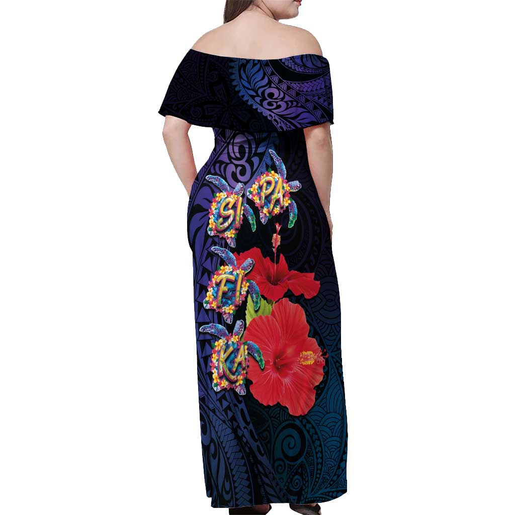 Pasifika Festival Off Shoulder Maxi Dress Plumeria Turtles with Hibiscus - Polynesian Art Tattoo Dark Navy Color LT03 - Polynesian Pride