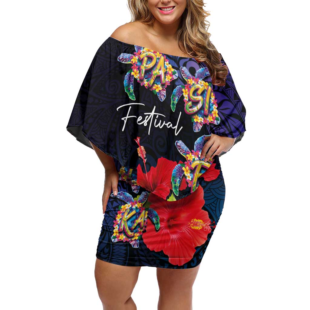 Pasifika Festival Off Shoulder Short Dress Plumeria Turtles with Hibiscus - Polynesian Art Tattoo Dark Navy Color LT03 Women Dark Navy - Polynesian Pride