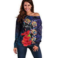 Pasifika Festival Off Shoulder Sweater Plumeria Turtles with Hibiscus - Polynesian Art Tattoo Dark Navy Color LT03 Women Dark Navy - Polynesian Pride