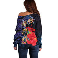 Pasifika Festival Off Shoulder Sweater Plumeria Turtles with Hibiscus - Polynesian Art Tattoo Dark Navy Color LT03 - Polynesian Pride