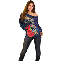 Pasifika Festival Off Shoulder Sweater Plumeria Turtles with Hibiscus - Polynesian Art Tattoo Dark Navy Color LT03 - Polynesian Pride