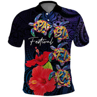 Pasifika Festival Polo Shirt Plumeria Turtles with Hibiscus - Polynesian Art Tattoo Dark Navy Color LT03 Dark Navy - Polynesian Pride