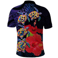 Pasifika Festival Polo Shirt Plumeria Turtles with Hibiscus - Polynesian Art Tattoo Dark Navy Color LT03 - Polynesian Pride