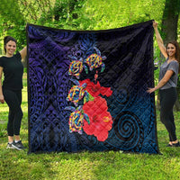 Pasifika Festival Quilt Plumeria Turtles with Hibiscus - Polynesian Art Tattoo Dark Navy Color LT03 - Polynesian Pride