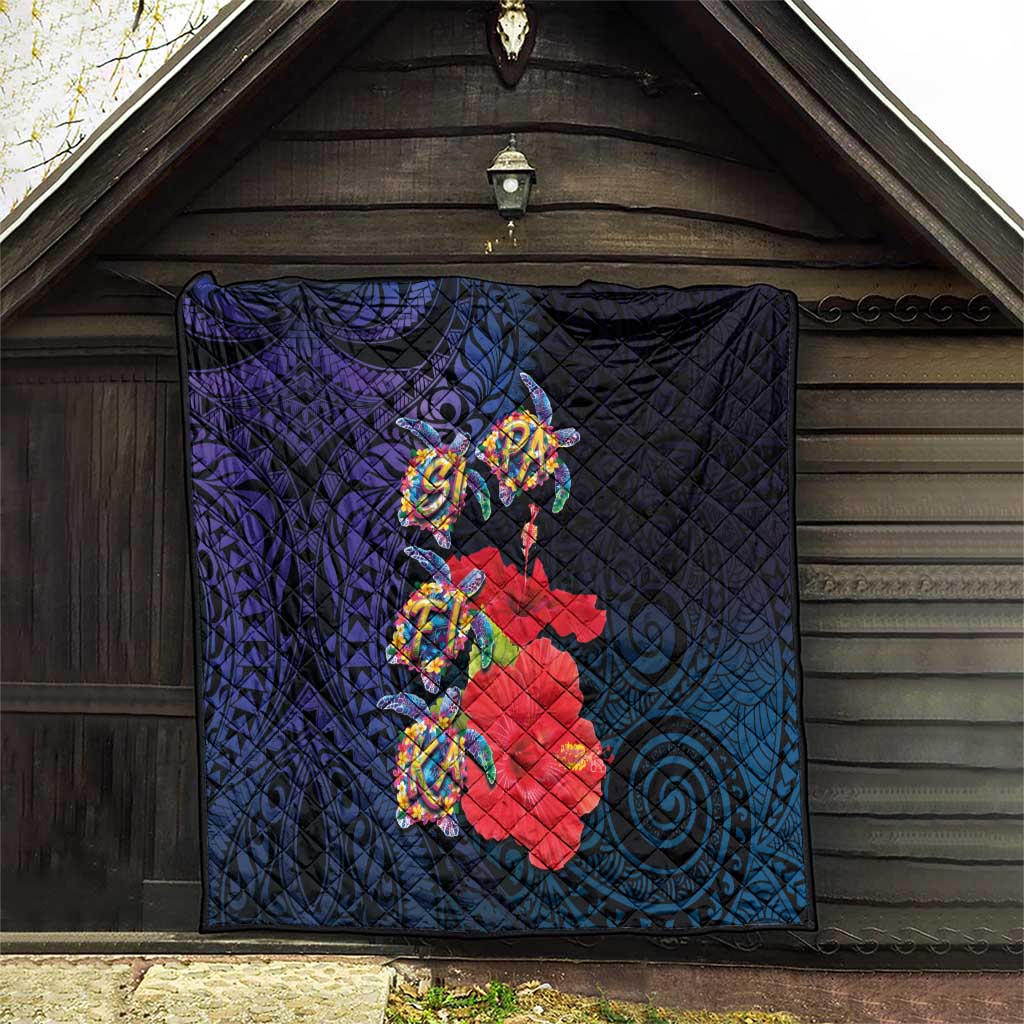 Pasifika Festival Quilt Plumeria Turtles with Hibiscus - Polynesian Art Tattoo Dark Navy Color LT03 - Polynesian Pride