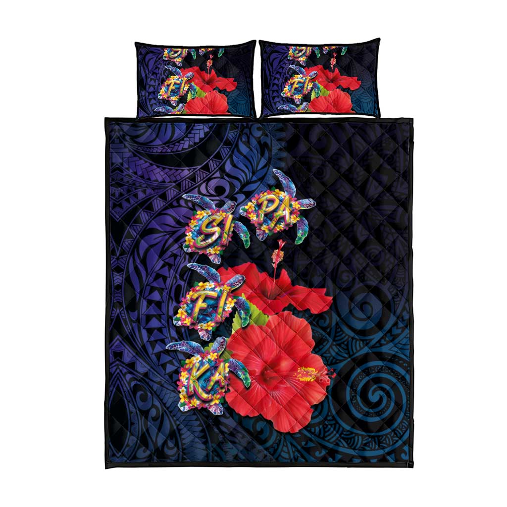 Pasifika Festival Quilt Bed Set Plumeria Turtles with Hibiscus - Polynesian Art Tattoo Dark Navy Color LT03 - Polynesian Pride