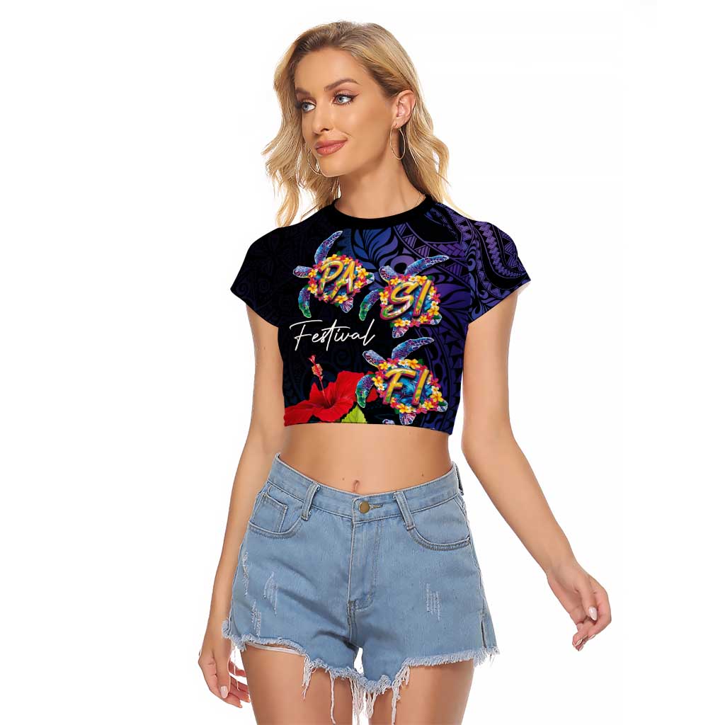 Pasifika Festival Raglan Cropped T Shirt Plumeria Turtles with Hibiscus - Polynesian Art Tattoo Dark Navy Color LT03 Female Dark Navy - Polynesian Pride