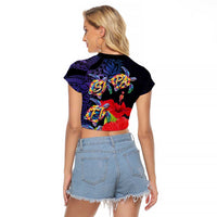 Pasifika Festival Raglan Cropped T Shirt Plumeria Turtles with Hibiscus - Polynesian Art Tattoo Dark Navy Color LT03 - Polynesian Pride