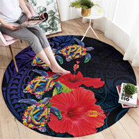 Pasifika Festival Round Carpet Plumeria Turtles with Hibiscus - Polynesian Art Tattoo Dark Navy Color LT03 - Polynesian Pride