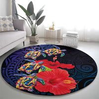 Pasifika Festival Round Carpet Plumeria Turtles with Hibiscus - Polynesian Art Tattoo Dark Navy Color LT03 - Polynesian Pride