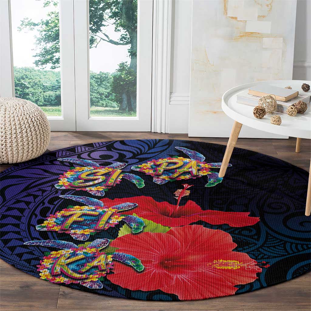 Pasifika Festival Round Carpet Plumeria Turtles with Hibiscus - Polynesian Art Tattoo Dark Navy Color LT03 - Polynesian Pride