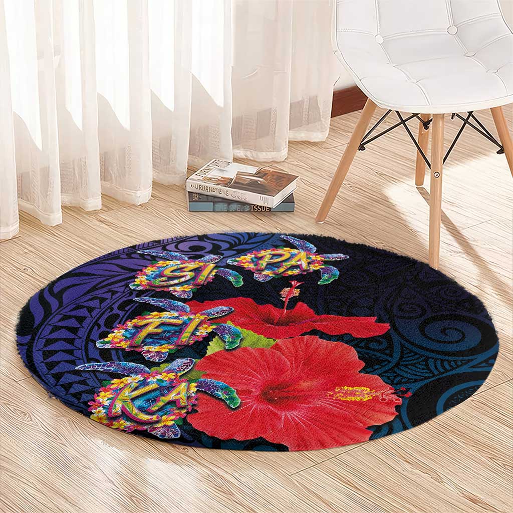 Pasifika Festival Round Carpet Plumeria Turtles with Hibiscus - Polynesian Art Tattoo Dark Navy Color LT03 - Polynesian Pride