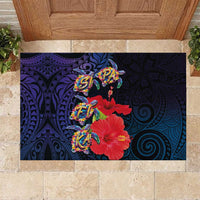 Pasifika Festival Rubber Doormat Plumeria Turtles with Hibiscus - Polynesian Art Tattoo Dark Navy Color LT03 Dark Navy - Polynesian Pride