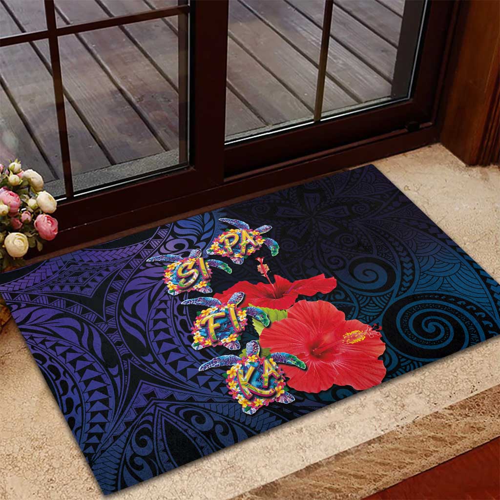 Pasifika Festival Rubber Doormat Plumeria Turtles with Hibiscus - Polynesian Art Tattoo Dark Navy Color LT03 - Polynesian Pride