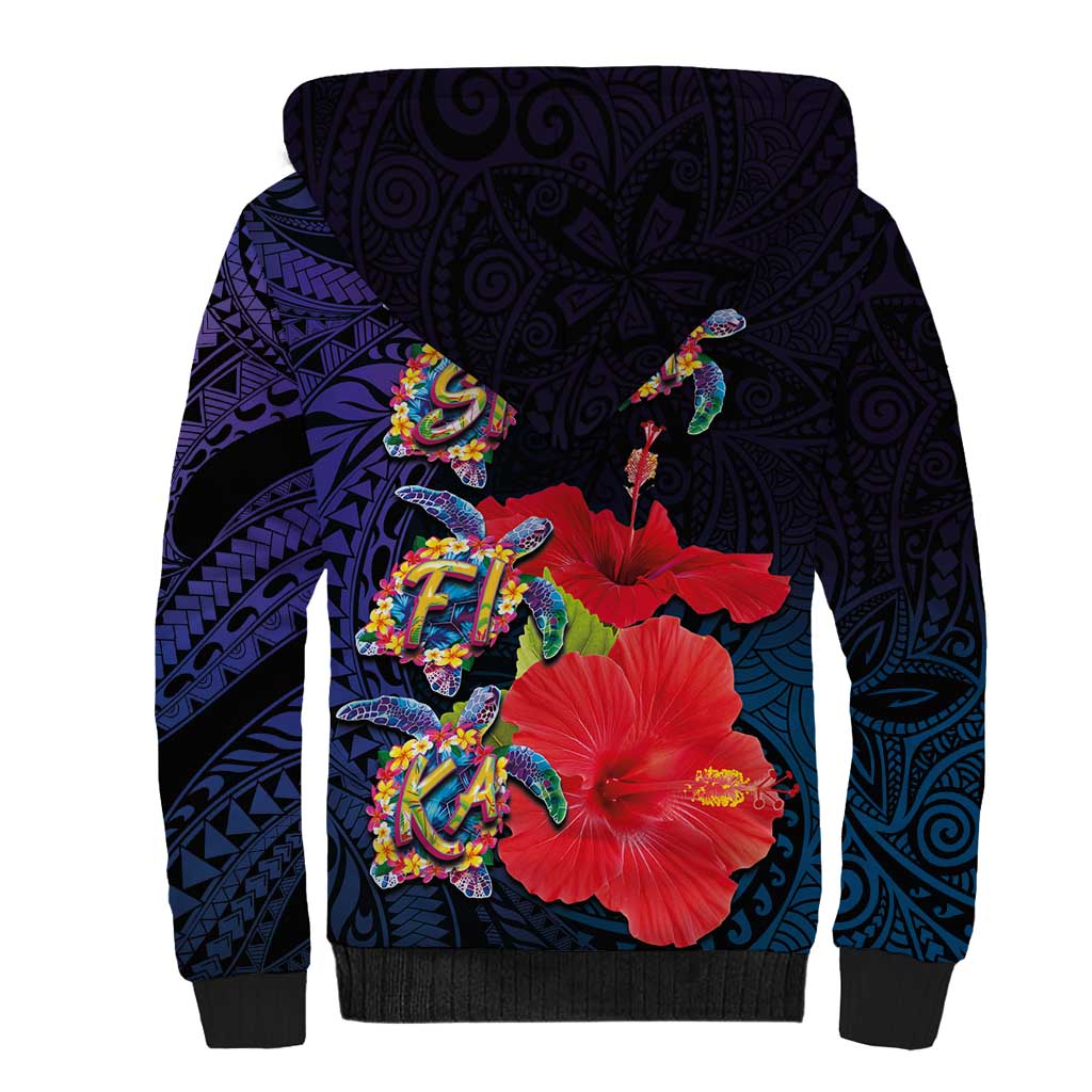Pasifika Festival Sherpa Hoodie Plumeria Turtles with Hibiscus - Polynesian Art Tattoo Dark Navy Color LT03 - Polynesian Pride