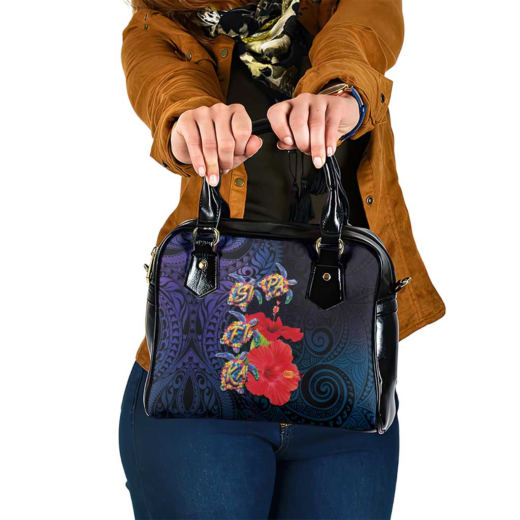 Pasifika Festival Shoulder Handbag Plumeria Turtles with Hibiscus - Polynesian Art Tattoo Dark Navy Color LT03 One Size Dark Navy - Polynesian Pride