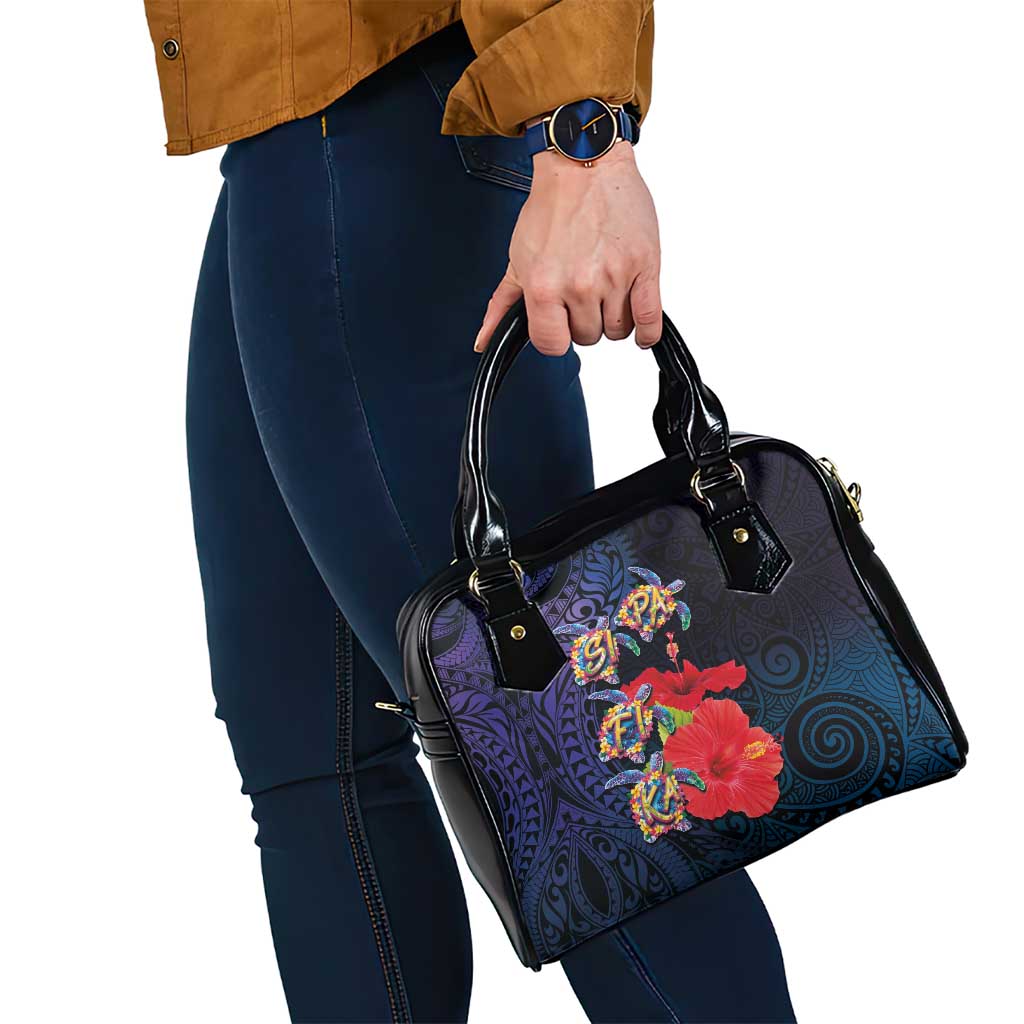 Pasifika Festival Shoulder Handbag Plumeria Turtles with Hibiscus - Polynesian Art Tattoo Dark Navy Color LT03 - Polynesian Pride