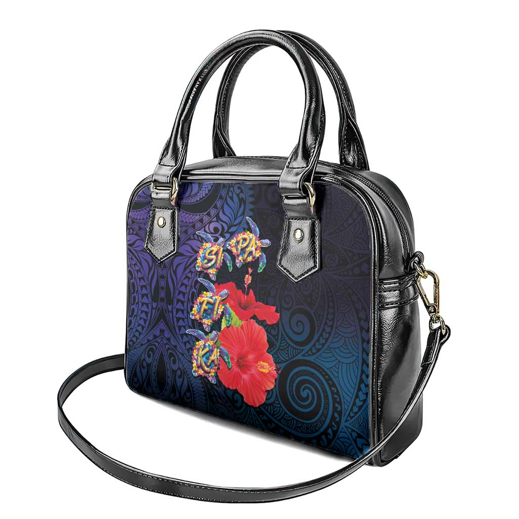 Pasifika Festival Shoulder Handbag Plumeria Turtles with Hibiscus - Polynesian Art Tattoo Dark Navy Color LT03 - Polynesian Pride
