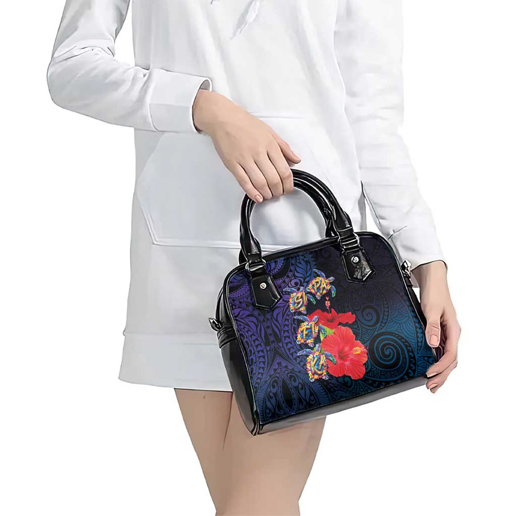Pasifika Festival Shoulder Handbag Plumeria Turtles with Hibiscus - Polynesian Art Tattoo Dark Navy Color LT03 - Polynesian Pride