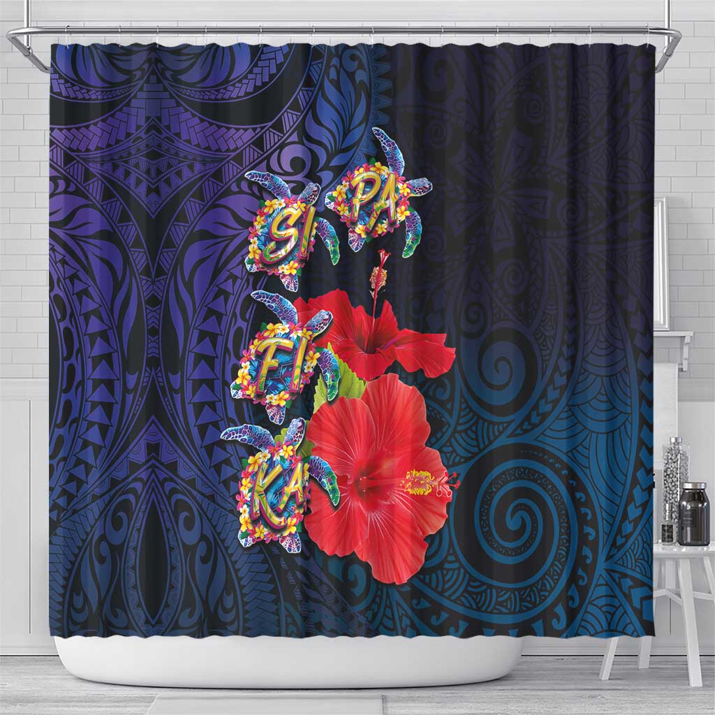 Pasifika Festival Shower Curtain Plumeria Turtles with Hibiscus - Polynesian Art Tattoo Dark Navy Color LT03 - Polynesian Pride