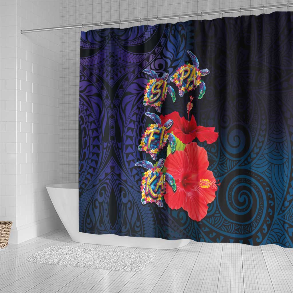 Pasifika Festival Shower Curtain Plumeria Turtles with Hibiscus - Polynesian Art Tattoo Dark Navy Color LT03 - Polynesian Pride