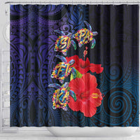 Pasifika Festival Shower Curtain Plumeria Turtles with Hibiscus - Polynesian Art Tattoo Dark Navy Color LT03 - Polynesian Pride