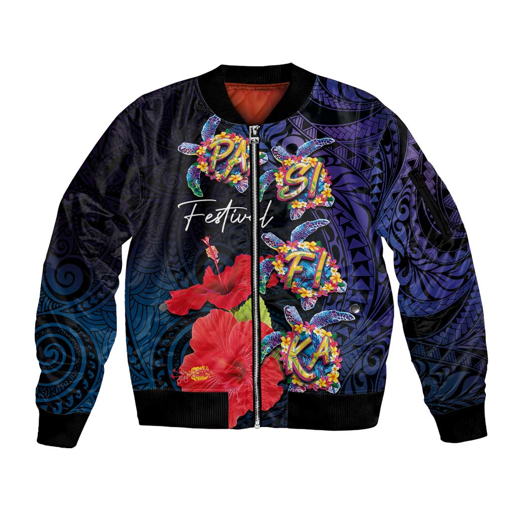 Pasifika Festival Sleeve Zip Bomber Jacket Plumeria Turtles with Hibiscus - Polynesian Art Tattoo Dark Navy Color LT03 Unisex Dark Navy - Polynesian Pride
