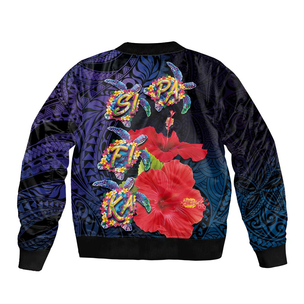 Pasifika Festival Sleeve Zip Bomber Jacket Plumeria Turtles with Hibiscus - Polynesian Art Tattoo Dark Navy Color LT03 - Polynesian Pride