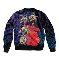 Pasifika Festival Sleeve Zip Bomber Jacket Plumeria Turtles with Hibiscus - Polynesian Art Tattoo Dark Navy Color LT03 - Polynesian Pride