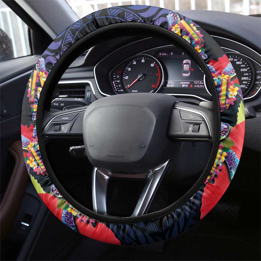 Pasifika Festival Steering Wheel Cover Plumeria Turtles with Hibiscus - Polynesian Art Tattoo Dark Navy Color LT03 - Polynesian Pride