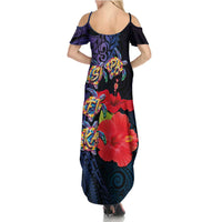 Pasifika Festival Summer Maxi Dress Plumeria Turtles with Hibiscus - Polynesian Art Tattoo Dark Navy Color